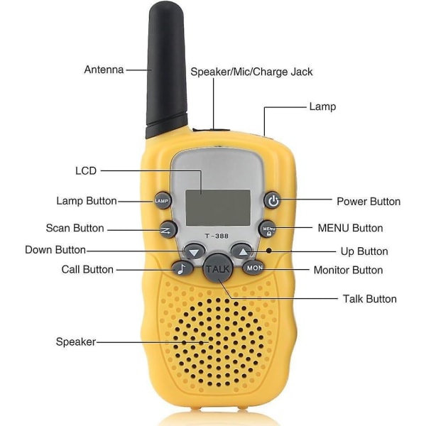 Walkie talkies til børn - 2-vejs radiointerphone med indbygget LED-lygte, LCD-skærm - gul (1 par)