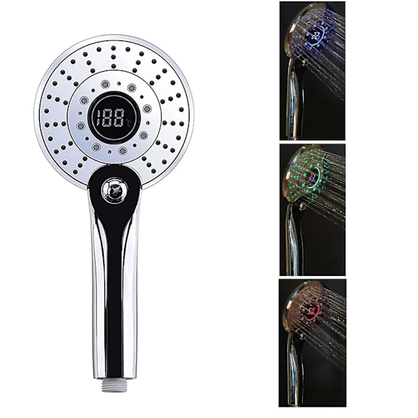 LED-handduschhuvud med temperaturkontroll och digital display - 3 färg LED-lampor, vattenbesparing, 3 lägen