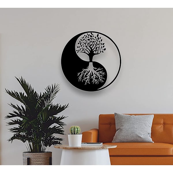 Yin Yang Livets Träd Metallväggdekor - 30x30 cm Svart