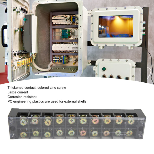 Stor strøm 60A 600V terminalblokk med enkel kabling og jordingskrets - 10 posisjoner