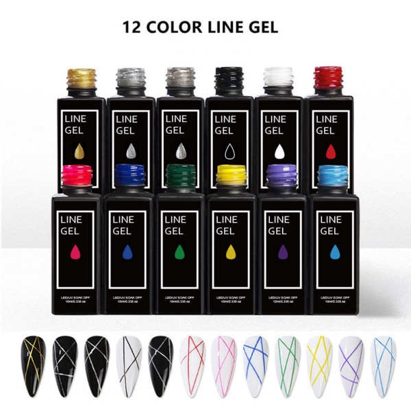 12 Color French Nail Color Line Polish Gel Kit Nail Art Line Kiillotusgeeli UV-geelimaalaukseen ja -piirtämiseen Akryylikynsien liimaa Draw Polish Liner geelit
