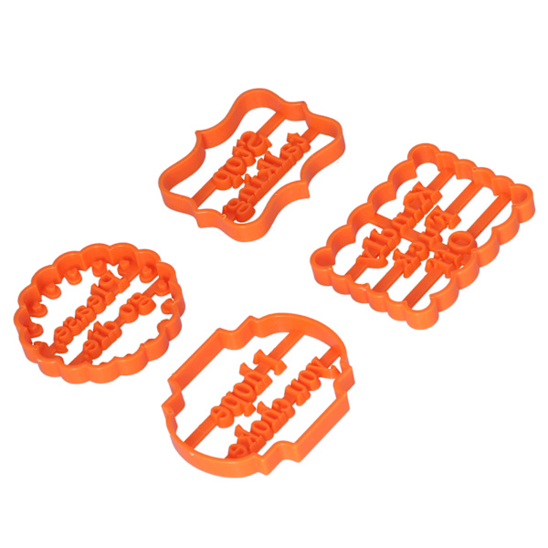 4 stk. kjeksformer i plast med setninger for DIY-baking, til hjem, bursdager og høytider