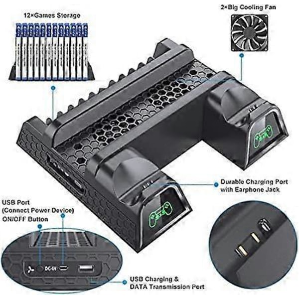PS4 Stativ med PS4 Kjølevifte for Playstation 4/PS4 Slim/PS4 Pro, PS4 Pro Vertikalt Stativ med PS4 Kontroller Lader Dokkingstasjon og 12 Spill