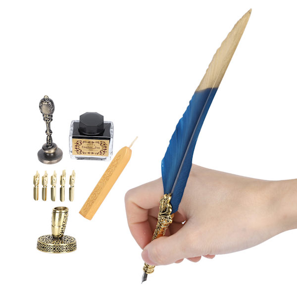 Fjerpennesæt fjer skrivetegning dyppende pen studerende lærer antik kalligrafi vintage gave blå
