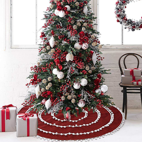Julgransmatta 122 cm Röd Linne Julgransmattor Med Pom Pom För Juldekorationer