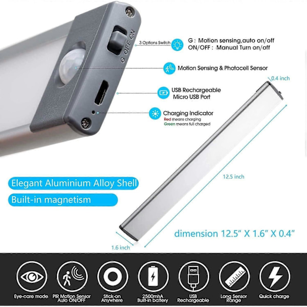 Dww-Under Skåp Belysning, alla LED-skärmar Rörelsesensor Skåp med 54 lamppärlor, trådlös uppladdningsbar Stick-on n'im