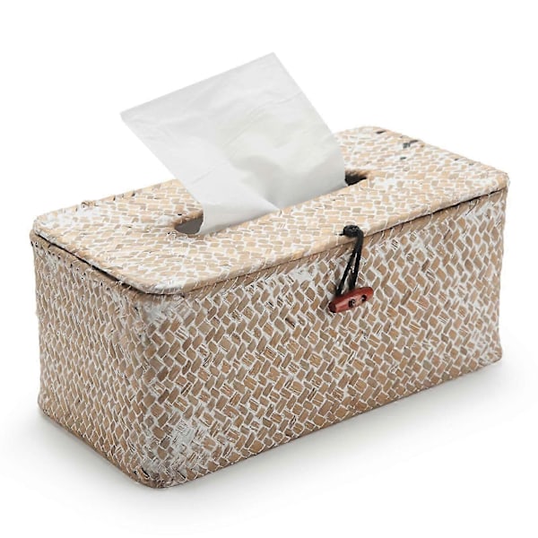 Sjögräs Tissue Box Omslag Rektangulär Servetthållare Dekorativ för Badrum (Vitkalkad, 25,4 x 14 x 10,7 cm)_SZXM
