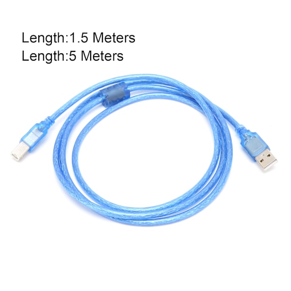Transparent blå USB datakabel - 1,5 meter längd (A hane till B hane)