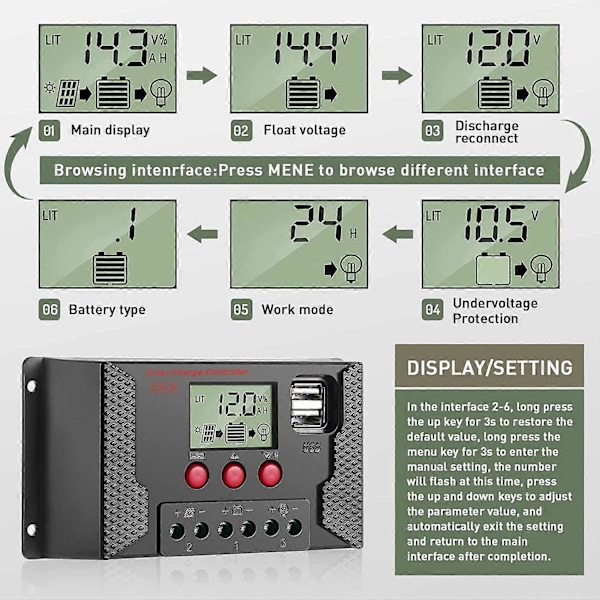 30A Laderegulator Solpanel Laderegulator Automatisk Identifikation 12V/24V med LCD-display og 5V USB-port