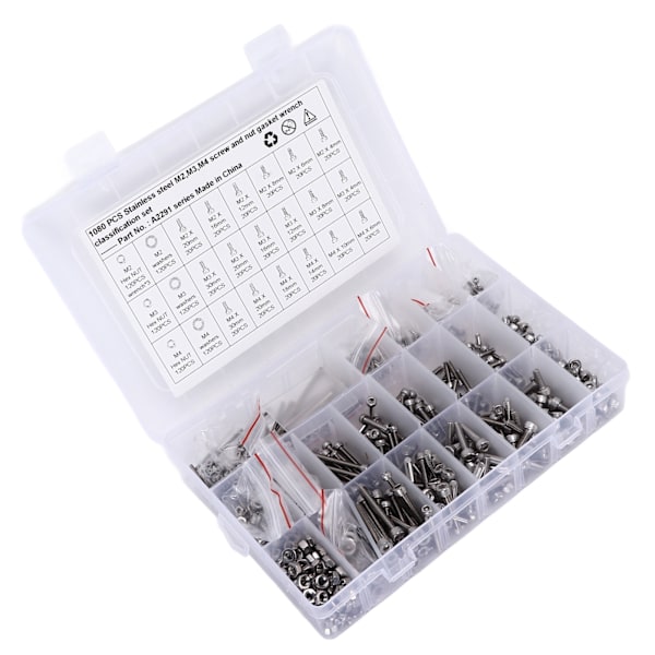 1080 stk/sett M2 M3 M4 Skrue Mutter Pakning Kit Rustfritt Stål Hex Socket Hode Cap Feste Assortert for Biler Lastebiler Skip