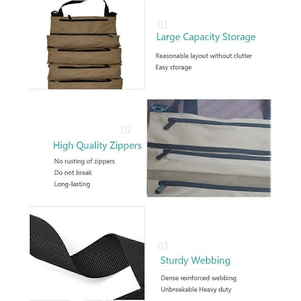 Værktøjsrulle Taske, Multi-Purpose Værktøjsrulle Opbevaringstaske, Bil Værktøjsrulle Opbevaringstasker, 5 Lynlåslomme Design (Khaki)