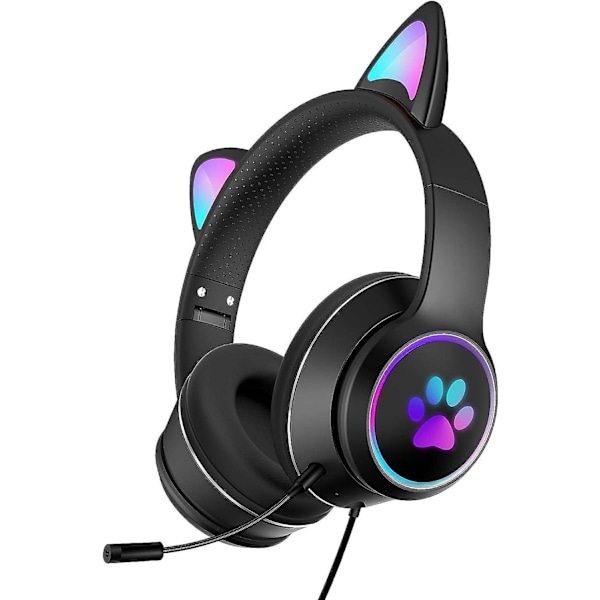 Sødt katteøre gaming headset - sort, foldbart og strækbart, kablet med mikrofon, stereo, lysende (1 par)