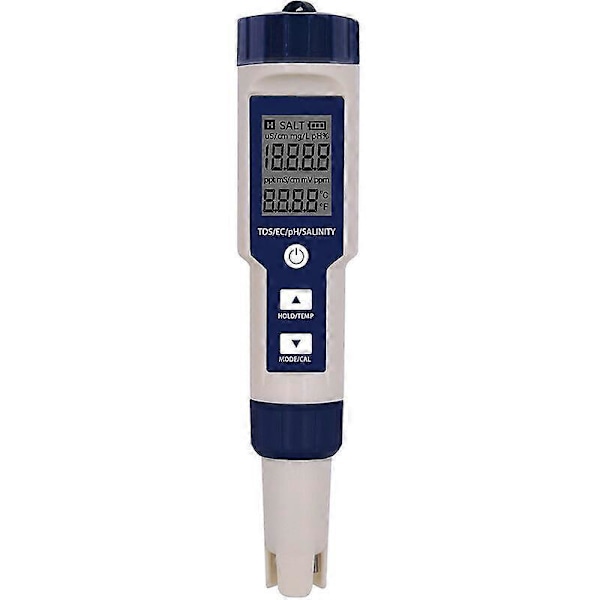 5-in-1 elektroninen pH-mittari, mittaa pH:n, TDS:n, EC:n, suolapitoisuuden ja lämpötilan, vedenlaadun testaaja, LCD-näyttö ja lukematarkkuus, juomavedelle, A