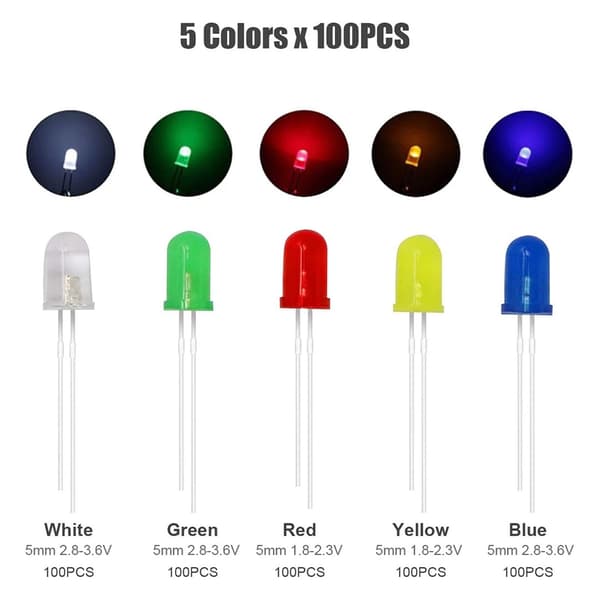 500 stk. 3 mm LED-lysdiode 5 farger rød gul blå grønn hvit LED-lampe lysdiode sett