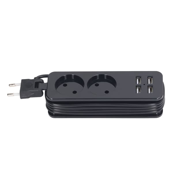 1200W 10A strømskinne 2 runde stik 4 USB-porte strømstik til telefon bærbar computer EU-stik 250V sort