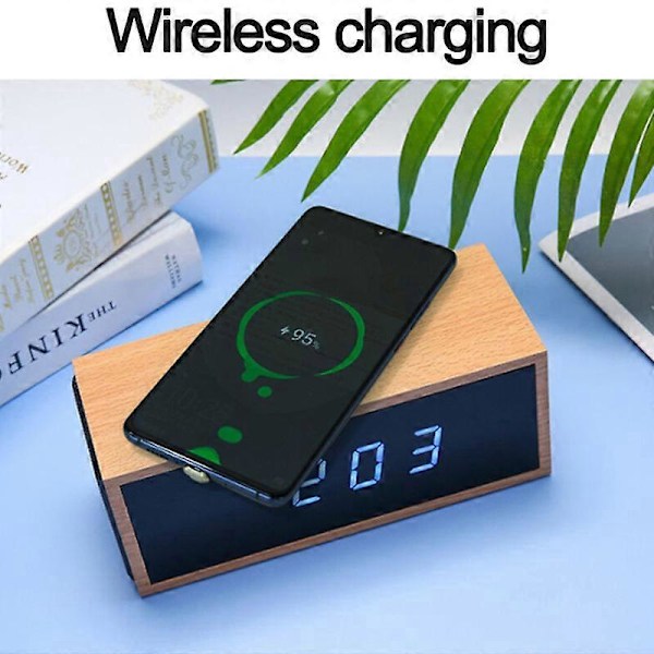 Luova Älykäs Monitoiminen Langaton Lataava Herätyskello Puinen Bluetooth Kaiutin LED (Valkoinen)