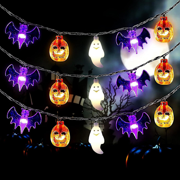 Batteridrevne LED Halloween-lyslenker - 3D Gresskar, Flaggermus og Spøkelseslys med Timer - 8 Lysmoduser Innendørs Halloween-dekorasjoner