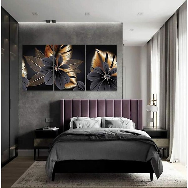 Modern svart bladmönster canvas väggkonst - Set med 3 tryck (30*40cm)