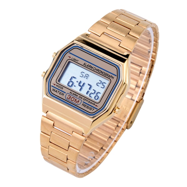 Digital LED-baggrundslys Elektronisk ur med rem i rustfrit stål Rektangelarmbåndsur (guld) Gold