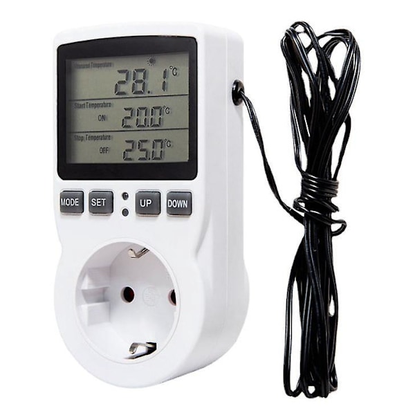 Digital Temperaturkontroller Termostat Uttag Värme Kylning med Sond, LCD Uttag Temperaturkontroller Timer, Vit, 17*6*7cm