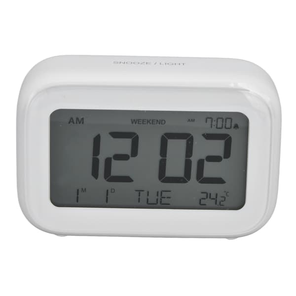 Mini digital väckarklocka med LCD-skärm, snooze-funktion, 12H 24H-format för sovrum, resor, kontor, vit