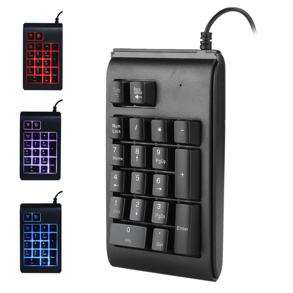 Bakgrundsbelyst knappsats USB trådbunden Numerisk 19&#8209;tangentbord Mekanisk känsla Trefärgad andas svart (svart)