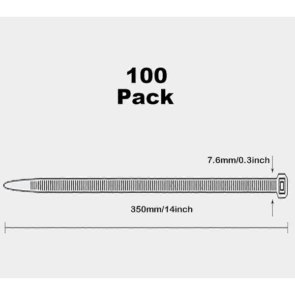 350mm 7.6mm Bred Pakke med 100 Ekstra Sterke Buntebånd med 50kg Strekkfasthet Svart UV-bestandig Stor Nylon Plast Selv-låsende Multifunksjonell C