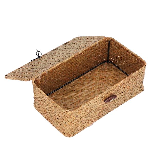 Vævet havgræs rektangulær opbevaringskurv med låg - Desktop Organizer