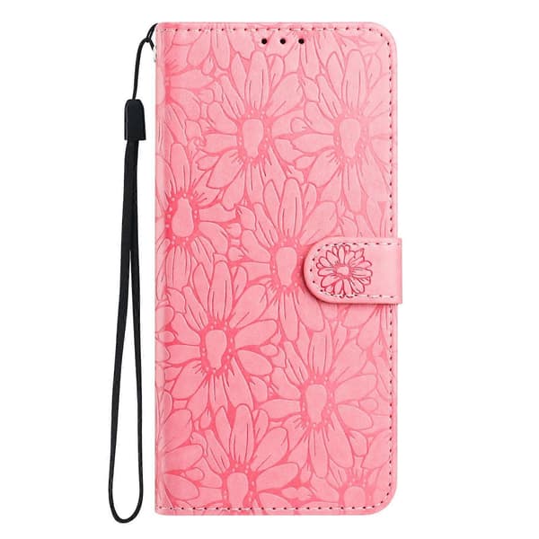 Leather Case with Embossed Daisy Pattern, Wallet Stand, Protective Phone Cover for Samsung Galaxy A56 5G Pink