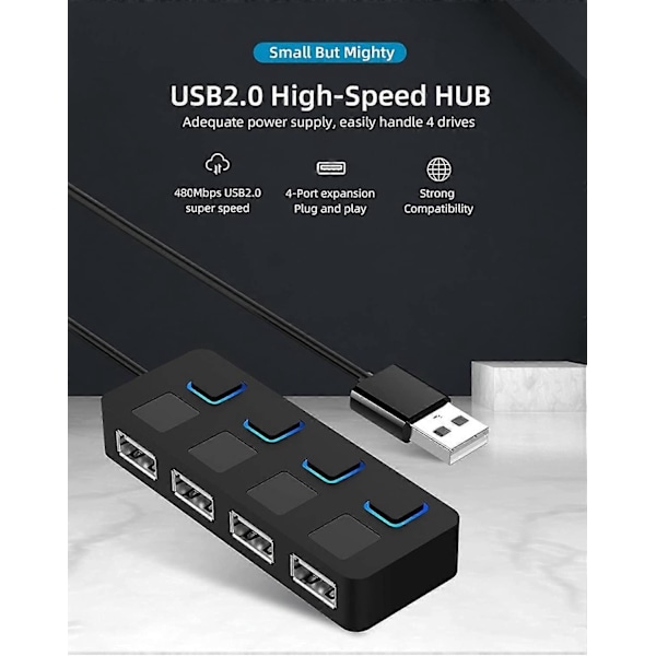 4-Port USB 2.0 Hub med individuelle LED-belyste strømbrytere [Lading IKKE støttet] for Mac & PC (Svart USB 2.0)
