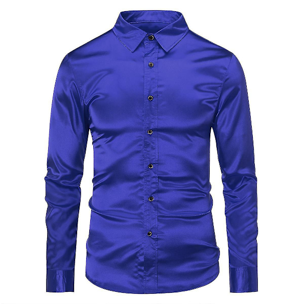 Glansfuld Blå Slim Fit Mænds Casual Mode Langærmet Formel Skjorte XS