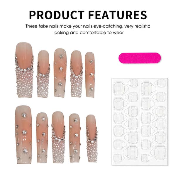 Nude Long False Nails with Lightning Rhinestones Long-lasting Safe Material Waterproof L