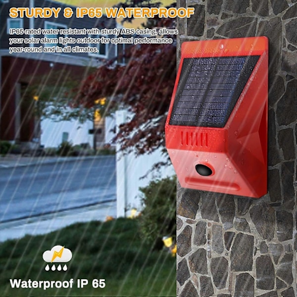 Solar Stroboskoplampa med Rörelsesensor Achort IP65 Vattentät LED Solar Alarmdetektor med Fjärrkontroll, 129db Ljud Säkerhet Vattentät Siren för H