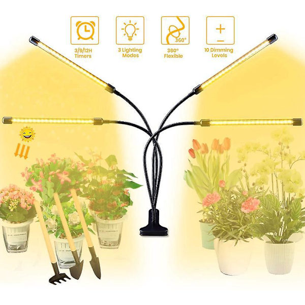 80W 4-hoveder Timing LED Grow Light med 9 dæmpbare niveauer og justerbar svanehals - ideel til indendørs planter