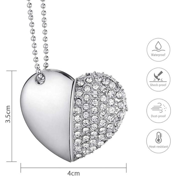 Hjerteformet diamant USB-flashdrev (sølv 32GB), Advanced Heart Diamond højhastigheds-USB 3.0 Flash-datalager