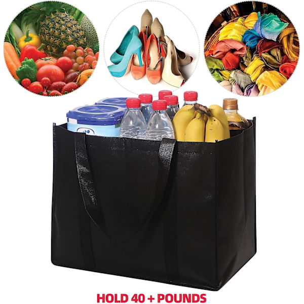 10 kpl Taitettavat Kestävä Reusable Kauppakassit, XL Ostoksille Sopivat Kantokassit Vahvistetuilla Kahvoilla - Musta