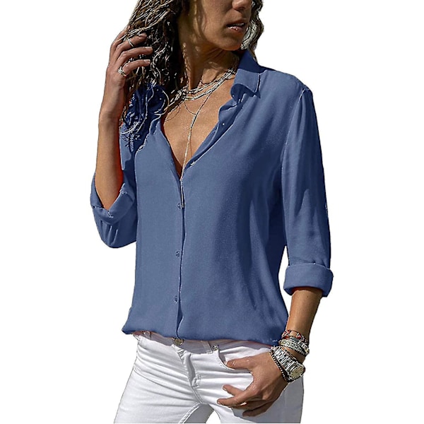 Monokrom V-hals Chiffon Bluse, Langærmet Dametopp - Blå