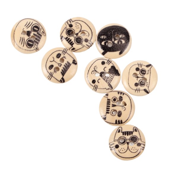 500 st träknappar 2 hål runda dekorativa tecknade print Diverse träknappar för barn Klädväska Hantverk 15 mm Originalfärg Black Line Cat
