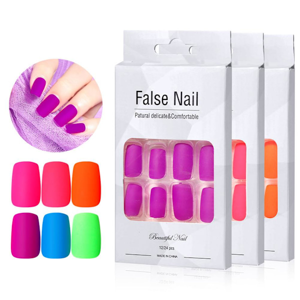 Fluorescerende falske negle Tryk på negle Farve Fuld dækning Falske negle Kunstige negle til DIY Nail Art Salon negle til kvinder Piger