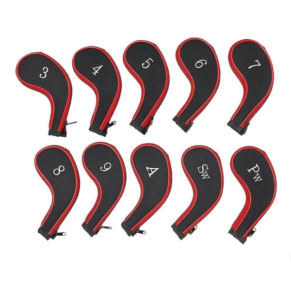 10-delt rødt hovedbetræk til golfkølle med lang hals, nummertryk og golfkøllebørste