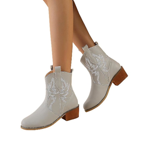 Grå Cowboy Ankle Boots til Kvinder, Lav Hæl, Bredde
