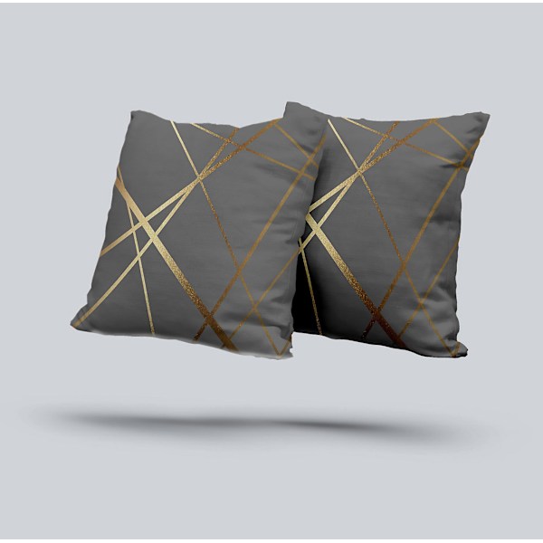 Gråt Velour Sofasæt - 2 Dele, 45x45cm, Guld Linjer Geometrisk Design
