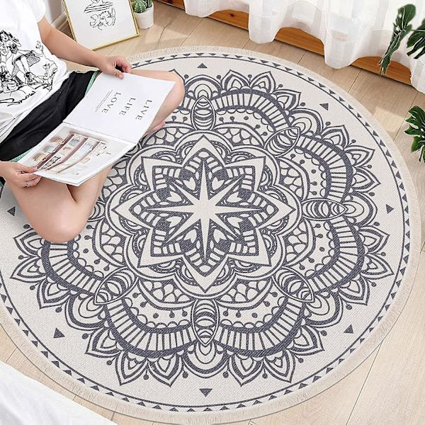 Boho Mandala Rundt Tæppe - Klassisk Moderne Traditionel Stil til Soveværelse eller Stue (120 x 120cm)