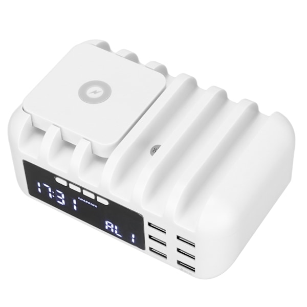 Multifunktionell 5-portars laddare trådlös USB snabbladdning skrivbord digital klocka mobiltelefonladdare 110‑240VUS-kontakt