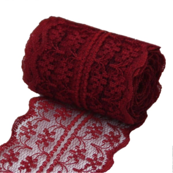 10m Spetsband Rulle 4.5cm Bred Oelastisk Färgglad Spets DIY Broderi Dekoration för Sömnad MörkRöd