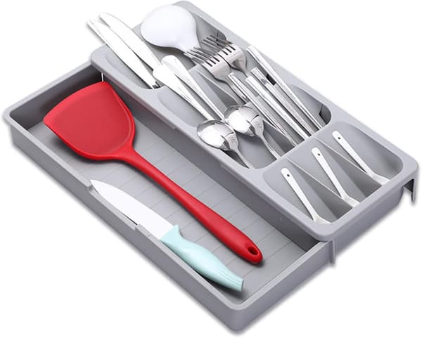 Compact Plastic Cutlery Tray, 17-30 cm, Extendable Cutlery Drawer Organizer, Cutlery Holder for Kitchen Storage