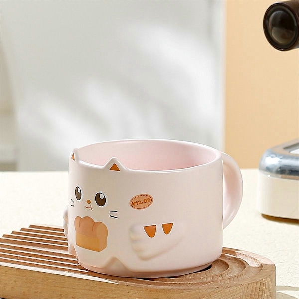 Keramisk kattmugg - Staplad vattenkopp med kattöron-design, Rosa