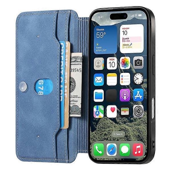 CASENEO Compatible with iPhone 16 Cross-Grain Leather Case Detachable Magnetic Phone Case Blue