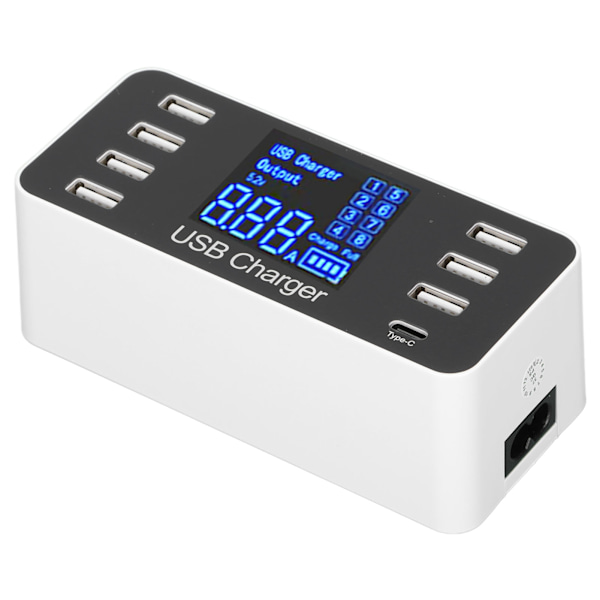 USB-ladehub ladestasjon 8 porter skrivebord vegg med LCD-skjerm for smarttelefon nettbrett US-plugg 100-240V