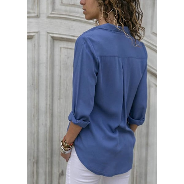 Monokrom V-hals Chiffon Bluse, Langærmet Dametopp - Blå